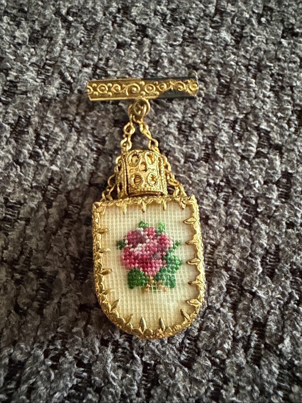 Antique victorian Mini Perfume Bottle Encased W/ Gold Tone & Needlepoint Brooch